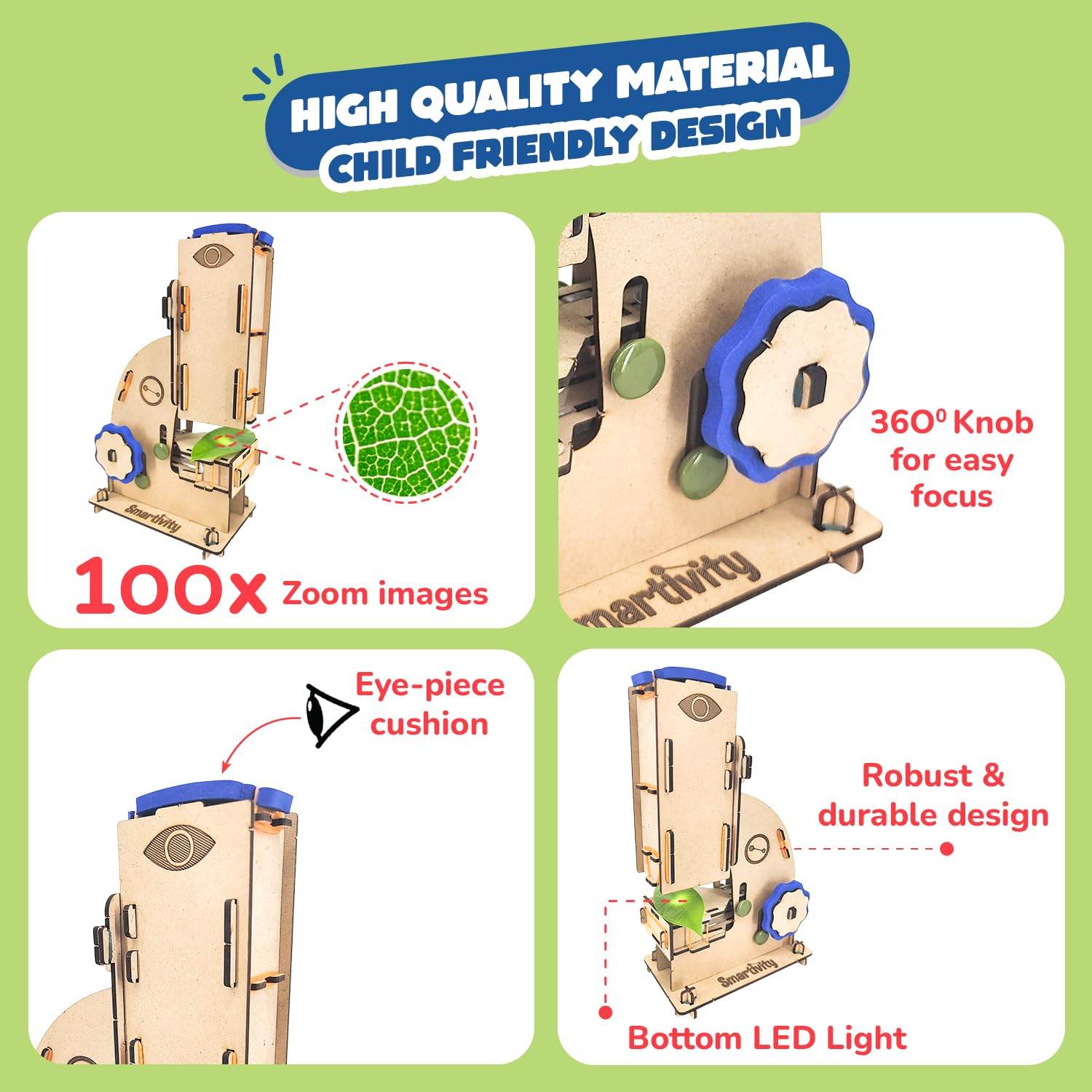 DIY microscope toy for 8-14 year olds with 100x zoom, 360 degree focus knob, eye-piece cushion, and bottom LED light