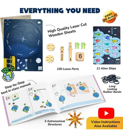 Earth Sun Moon model kit for kids with laser cut wooden sheets rubber bands and video instructions