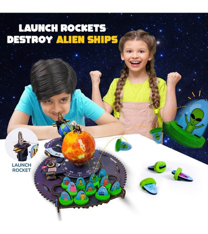 Children playing with Earth Sun Moon model kit for kids featuring launch rockets and alien ships