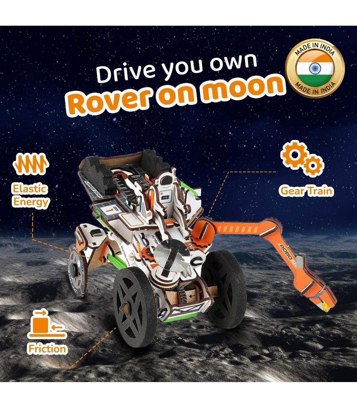 Smartivity educational space toy moon rover model with elastic energy gear train and friction features
