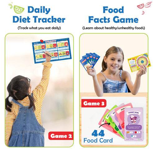 Children playing with food and nutrition learning kit for children including daily diet tracker and food facts game cards
