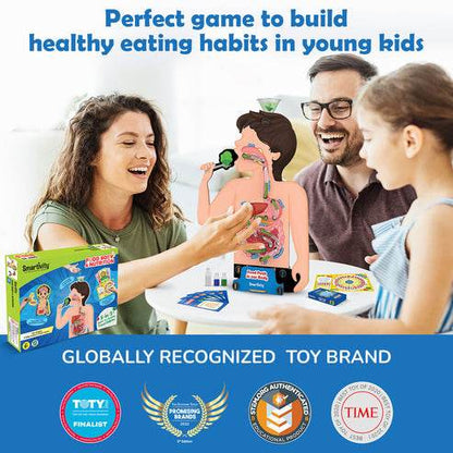 Family playing food and nutrition learning kit for children showing human digestive system educational game