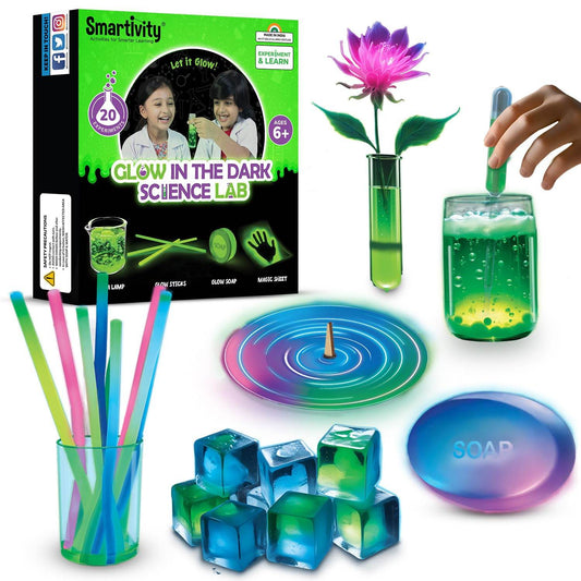 Glow in the dark science kit for kids with colorful experiments including glowing soap, spinning top, and test tubes