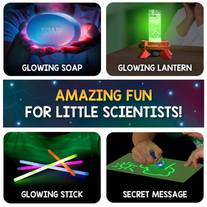 Glow in the dark science kit for kids featuring glowing soap, lantern, sticks, and secret message activities