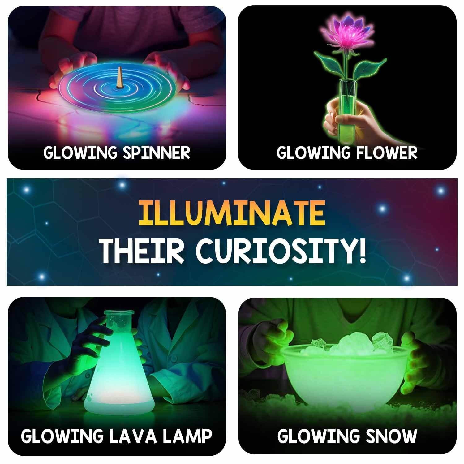 Glow in the dark science kit for kids featuring glowing spinner flower lava lamp and snow experiments