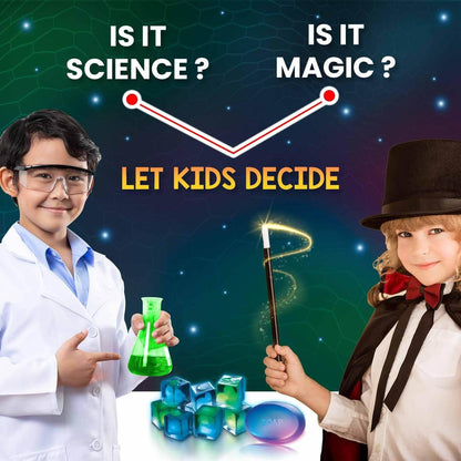 Children exploring glow in the dark science kit for kids with lab flask and magic wand props