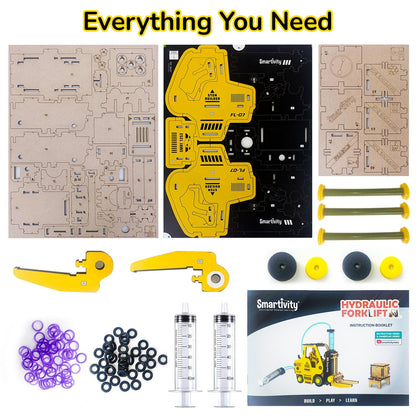 Yellow hydraulic fluid forklift model kit for kids featuring assembly pieces and instructional materials