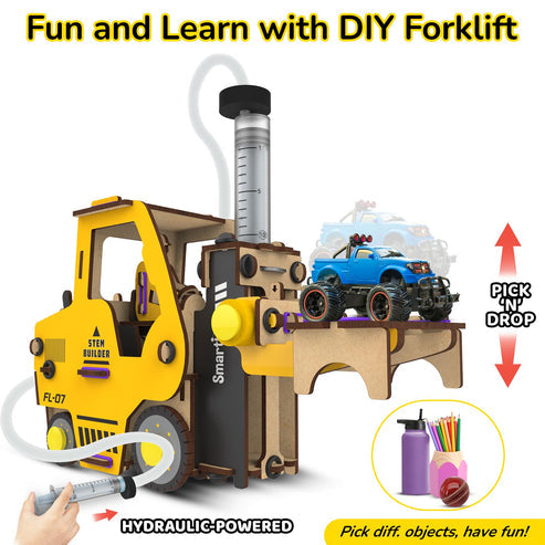 Yellow DIY forklift toy with hydraulic fluid forklift feature for hands-on learning and play