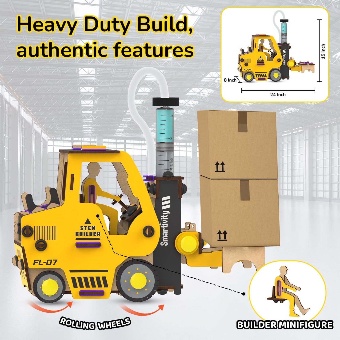 Yellow hydraulic fluid forklift toy with rolling wheels and builder minifigure for kids aged 5 and up