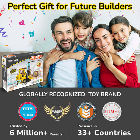 Yellow hydraulic fluid forklift toy for ages 6 and up, designed for future builders and imaginative play