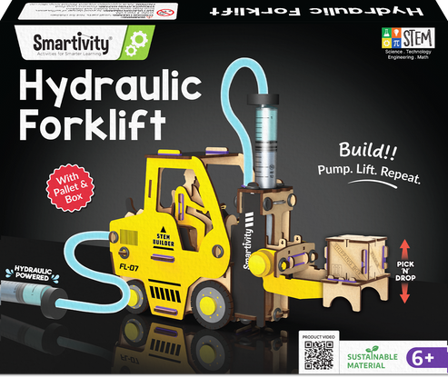Yellow hydraulic fluid forklift toy with a pump mechanism, suitable for kids aged 6 and up