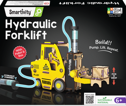 Yellow hydraulic fluid forklift toy with a pump mechanism, suitable for kids aged 6 and up