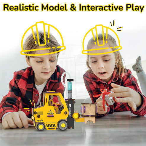 Yellow hydraulic fluid forklift toy for interactive play, suitable for ages 5 and up