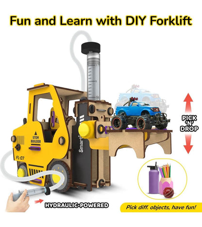 Hydraulic forklift toy for kids with DIY assembly, hydraulic-powered lifting for playful learning