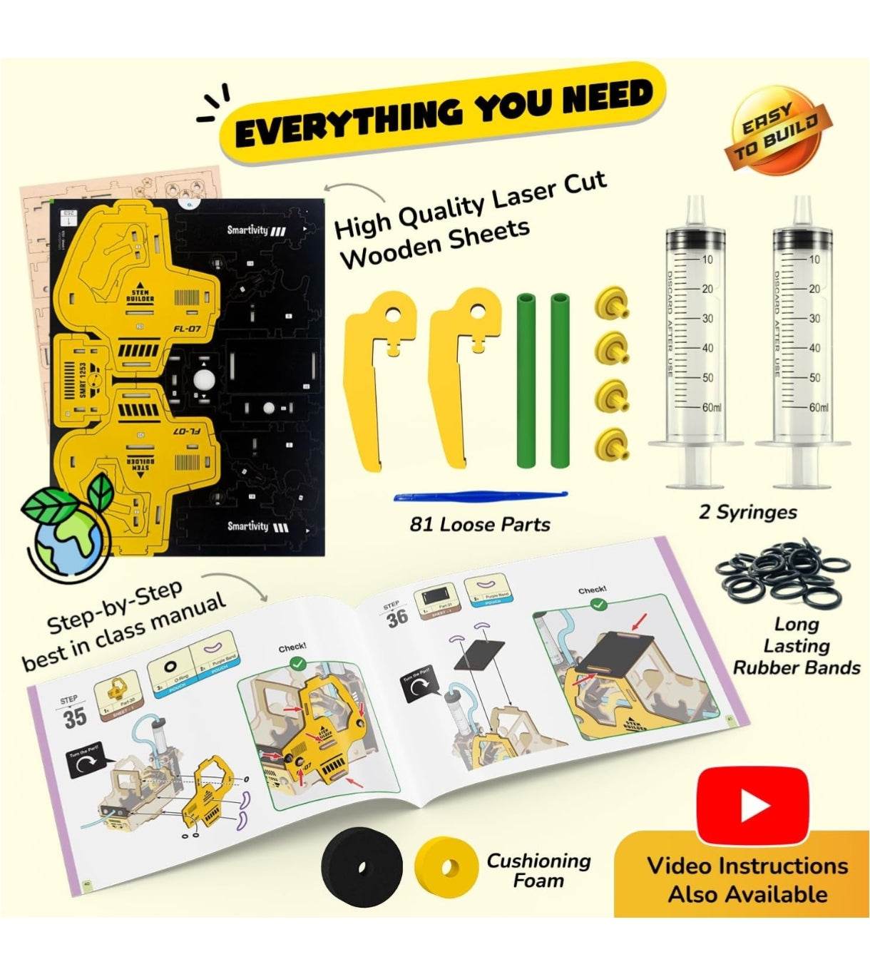 Hydraulic forklift toy for kids with high quality laser cut wooden sheets syringes and step by step manual