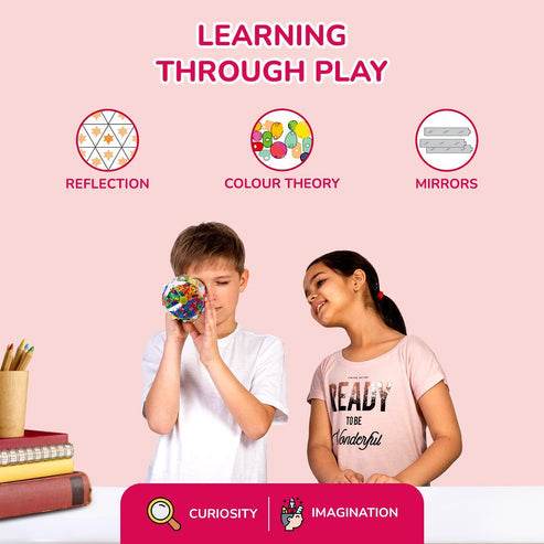 Children playing with a colorful kaleidoscope toy for kids demonstrating reflection color theory and mirrors