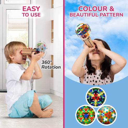 Kids enjoying colorful kaleidoscope toy for kids showing easy 360 degree rotation and beautiful patterns