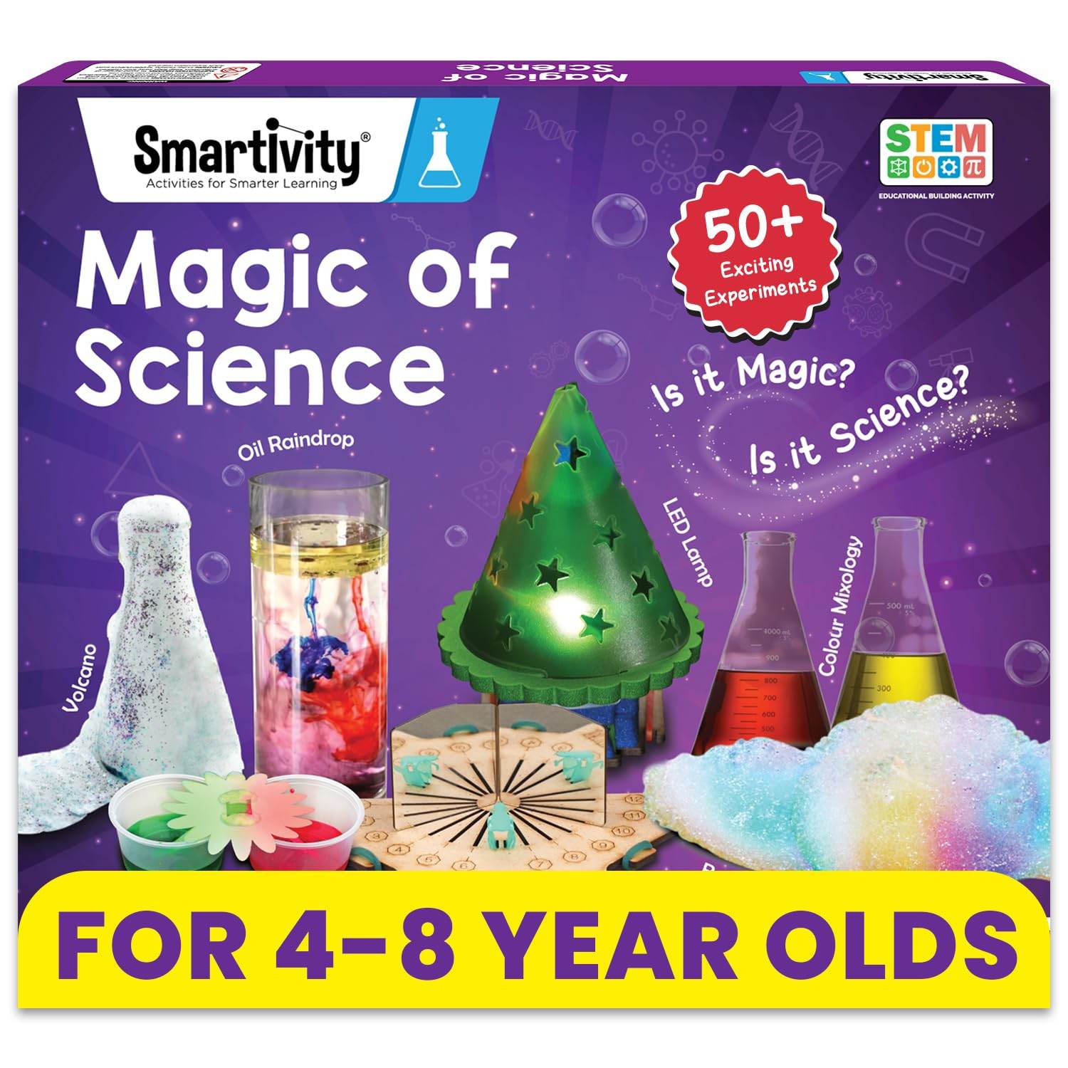 Magic science kit with 50 experiments for kids aged 4 to 8 featuring volcano and LED lamp activities