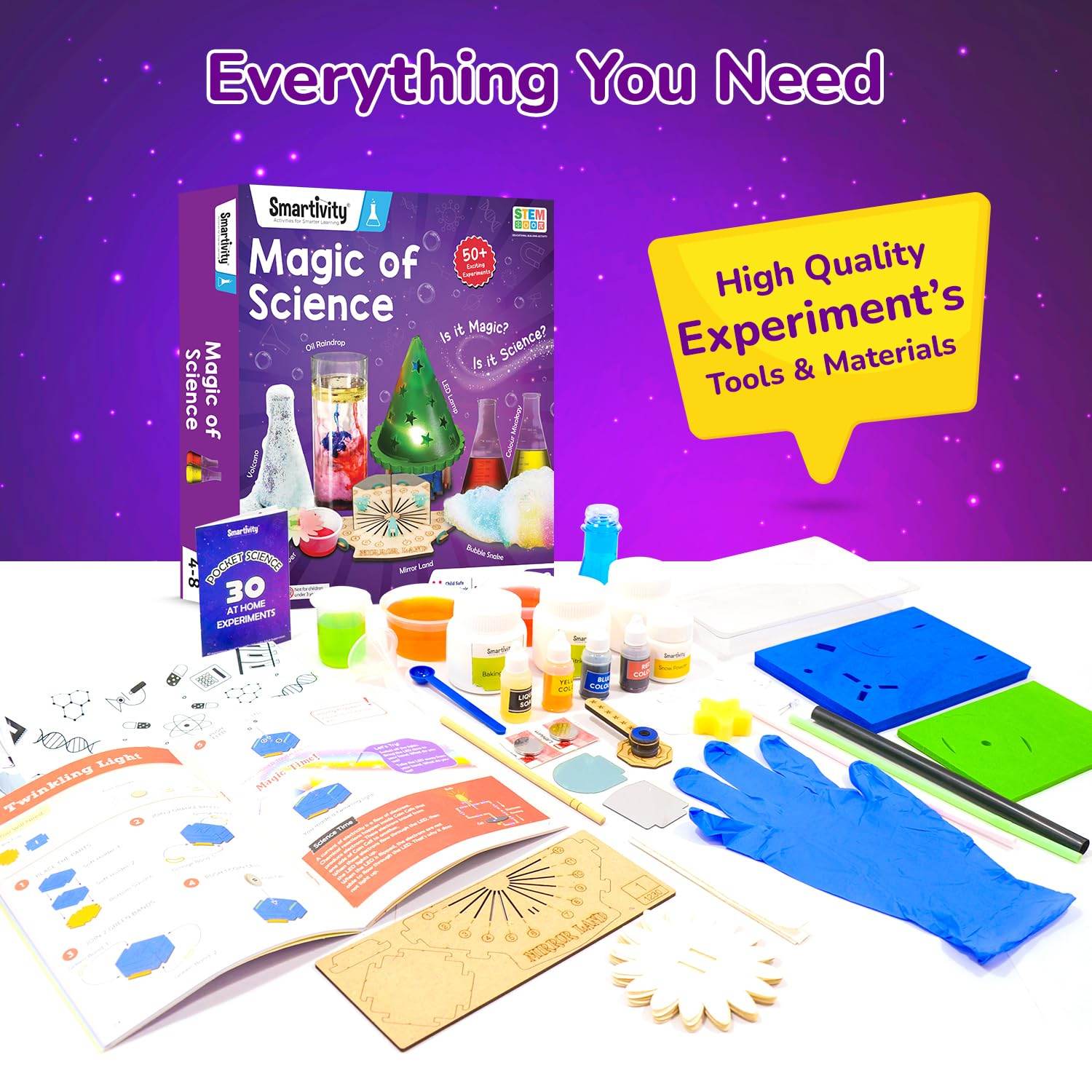 Magic science kit with 50 experiments including tools, materials, and instruction book for kids
