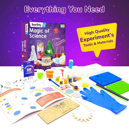 Magic science kit with 50 experiments including tools, materials, and instruction book for kids