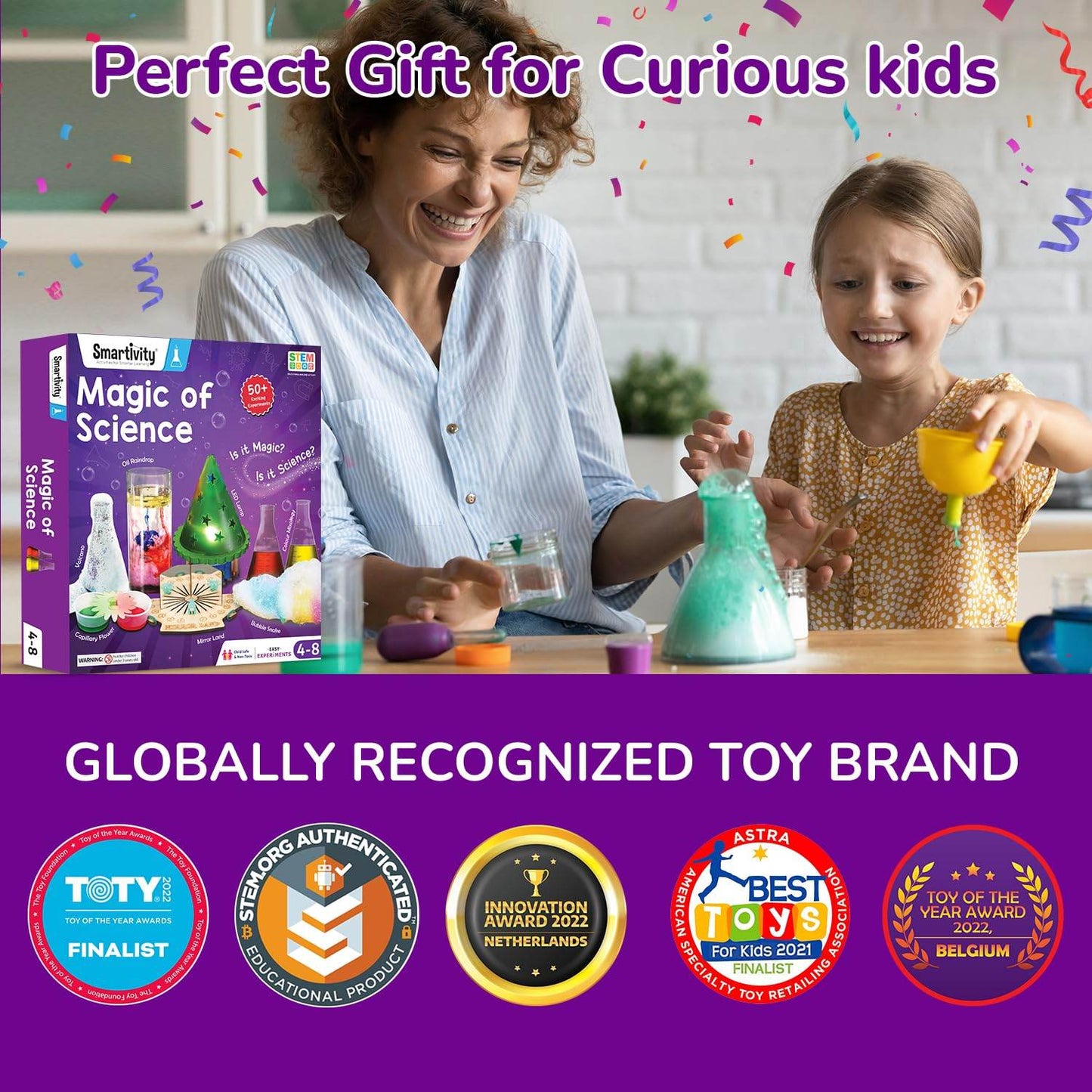 Magic science kit with 50 experiments by T-Rex the toyland Sitamarhi shown with happy child and adult playing science experiments