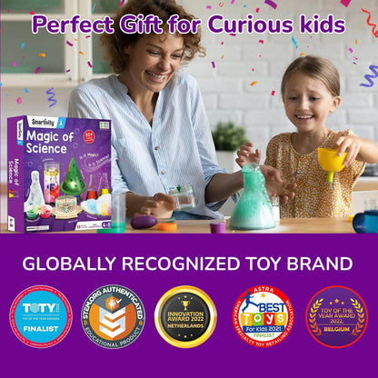 Magic science kit with 50 experiments by T-Rex the toyland Sitamarhi shown with happy child and adult playing science experiments