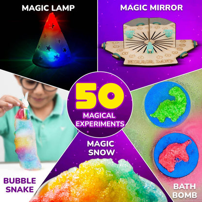 Magic science kit with 50 experiments featuring magic lamp, magic mirror, bubble snake, magic snow, and bath bomb activities