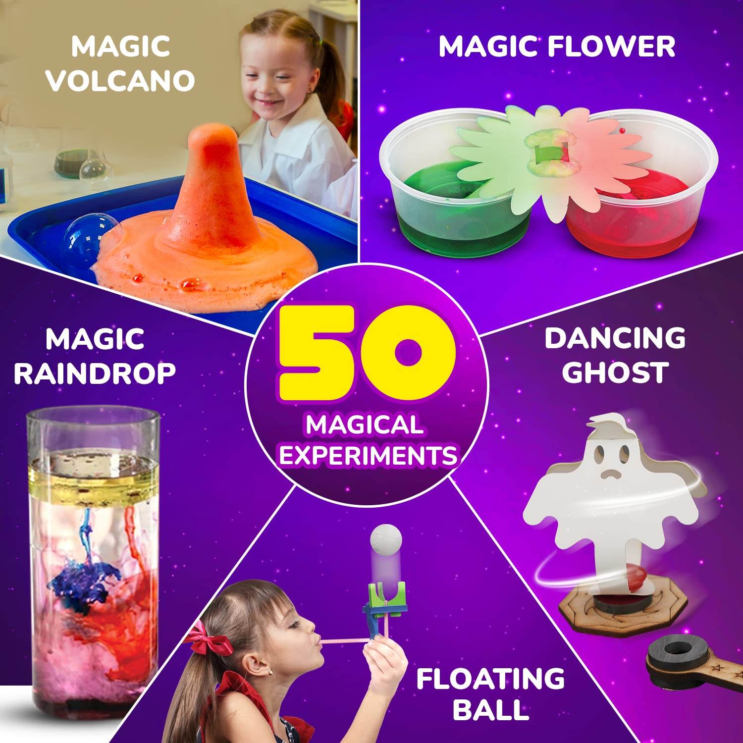Magic science kit with 50 experiments showing magic volcano, flower, raindrop, floating ball, and dancing ghost activities