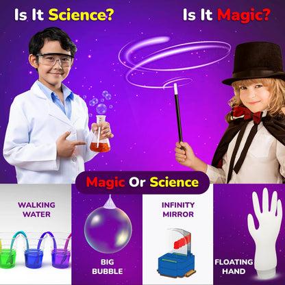Magic science kit with 50 experiments featuring kids performing science and magic tricks with bubble and floating hand