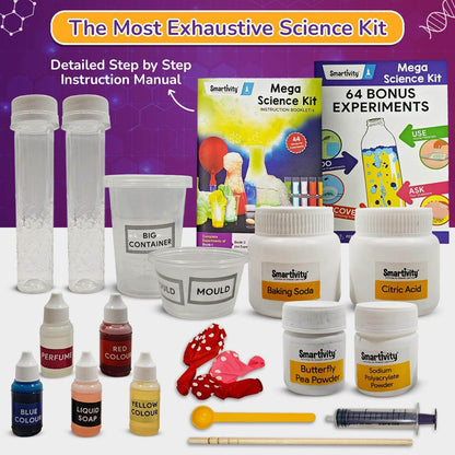 Mega science kit with 150 experiments includes chemicals, test tubes, balloons, and instruction manuals