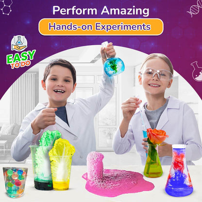 Two kids performing colorful chemistry experiments with mega science kit with 150 experiments