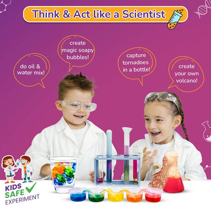 Kids performing colorful experiments with the mega science kit with 150 experiments in a safe and fun environment
