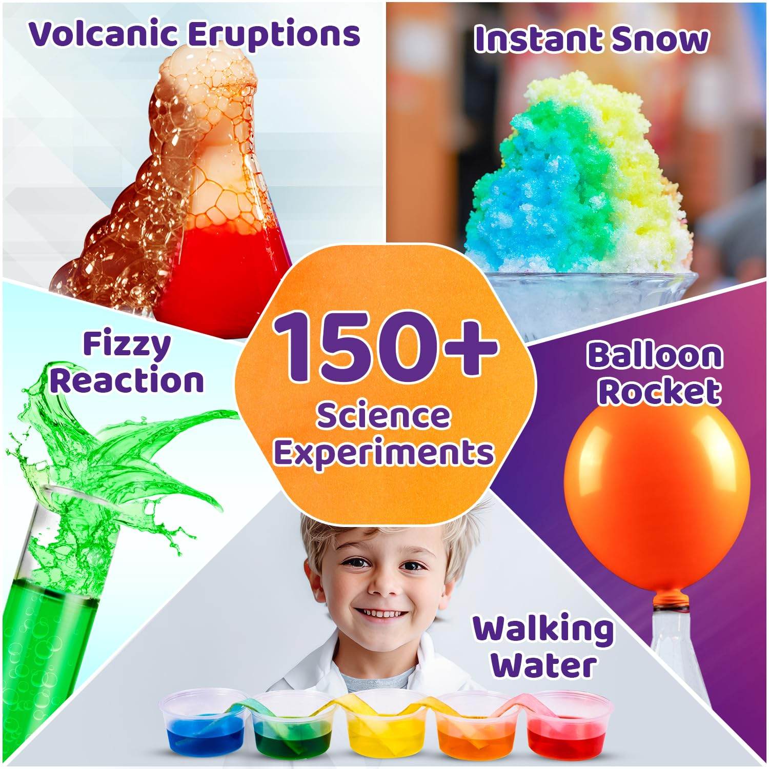 Mega science kit with 150 experiments showing volcanic eruptions, instant snow, fizzy reaction, balloon rocket, and walking water