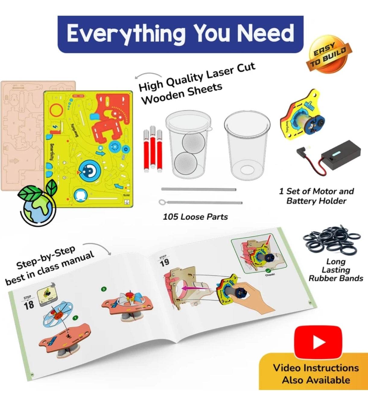 Motor powered gadgets kit for kids with laser cut wooden sheets, motor, battery holder, rubber bands, and step-by-step manual