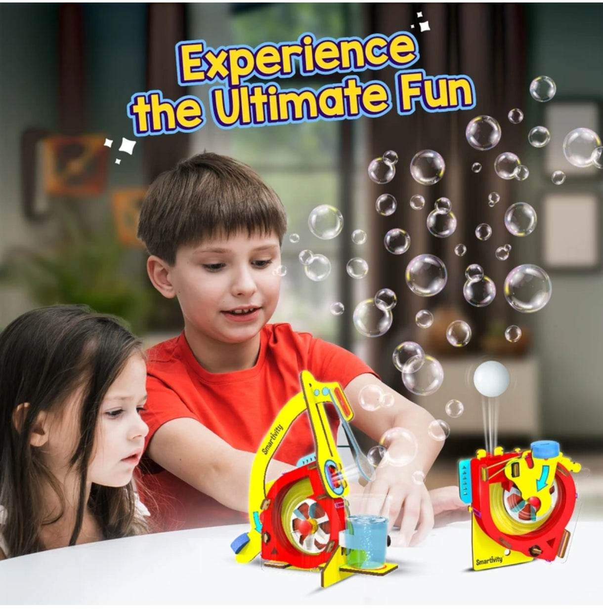 Kids playing with motor powered gadgets kit for kids creating bubbles and having fun indoors