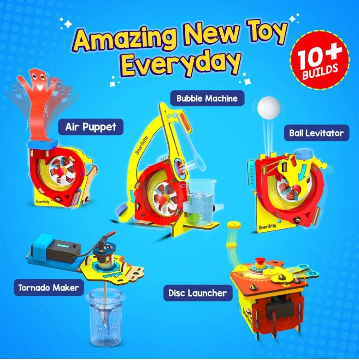 Motor powered gadgets kit for kids with air puppet bubble machine ball levitator tornado maker and disc launcher