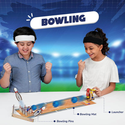 Kids playing with a multi sports kit for kids featuring a bowling game with launcher and bowling pins