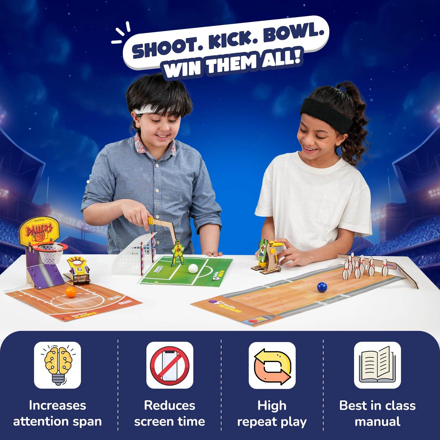 Kids playing with multi sports kit for kids including basketball, soccer, and bowling games on a white table