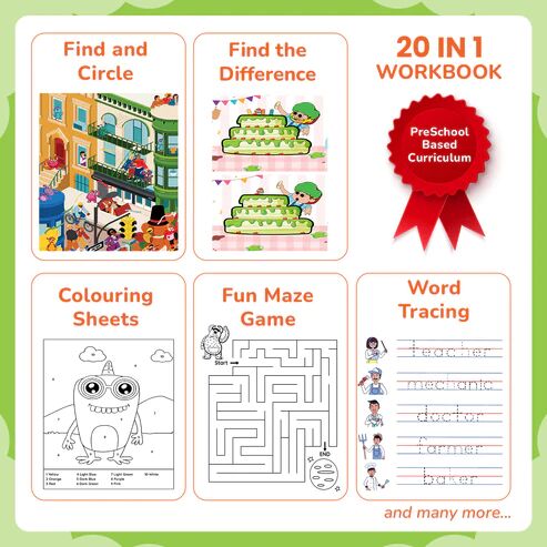 Preschool learning kit for 4 year olds featuring 20 in 1 workbook with find and circle, find the difference, coloring sheets, fun maze game, and word tracing