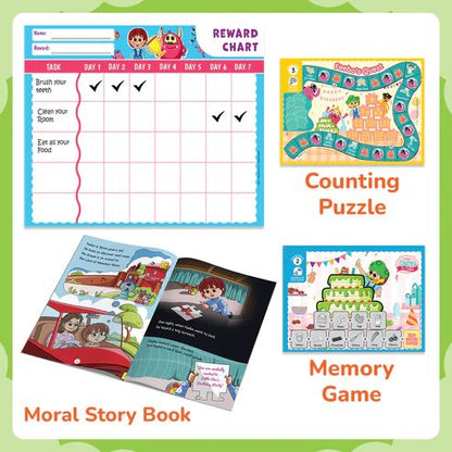 Preschool learning kit for 4 year olds with reward chart, counting puzzle, memory game, and moral story book