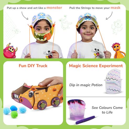 Preschool learning kit for 4 year olds with DIY monster mask, fun truck craft, and magic science experiment