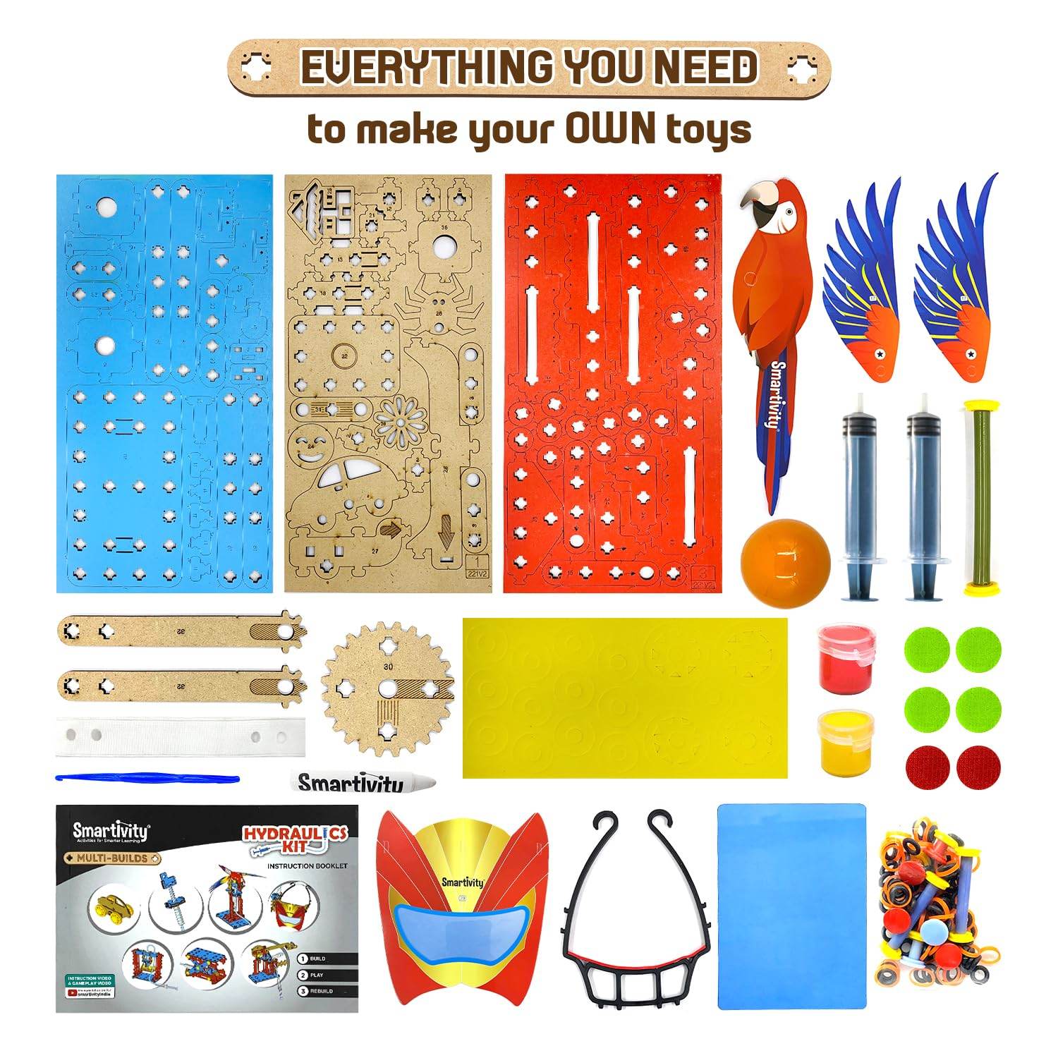 Smartivity STEM hydraulic kit for kids includes colorful parts and instructions to build indoor hydraulic toys