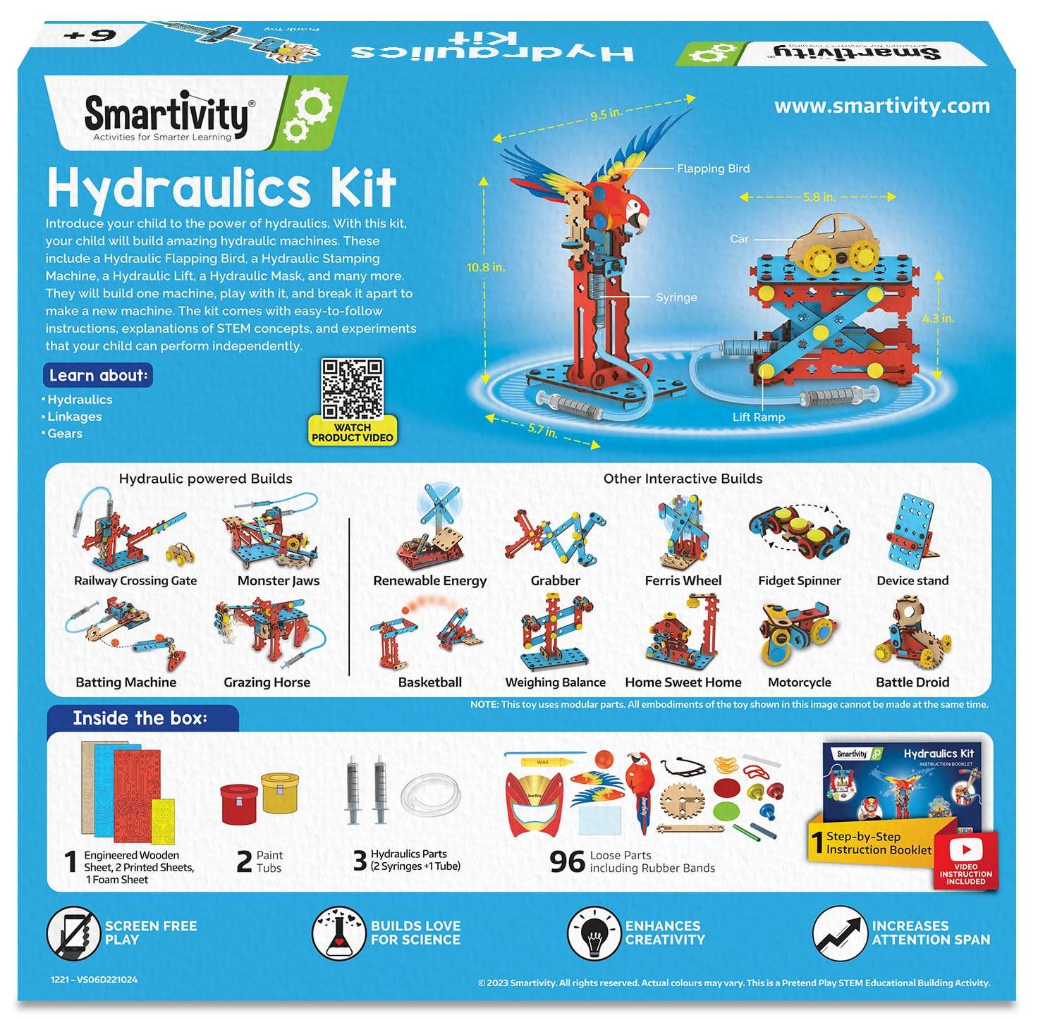 Smartivity STEM hydraulic kit for kids with wooden parts and instructions for building hydraulic machines