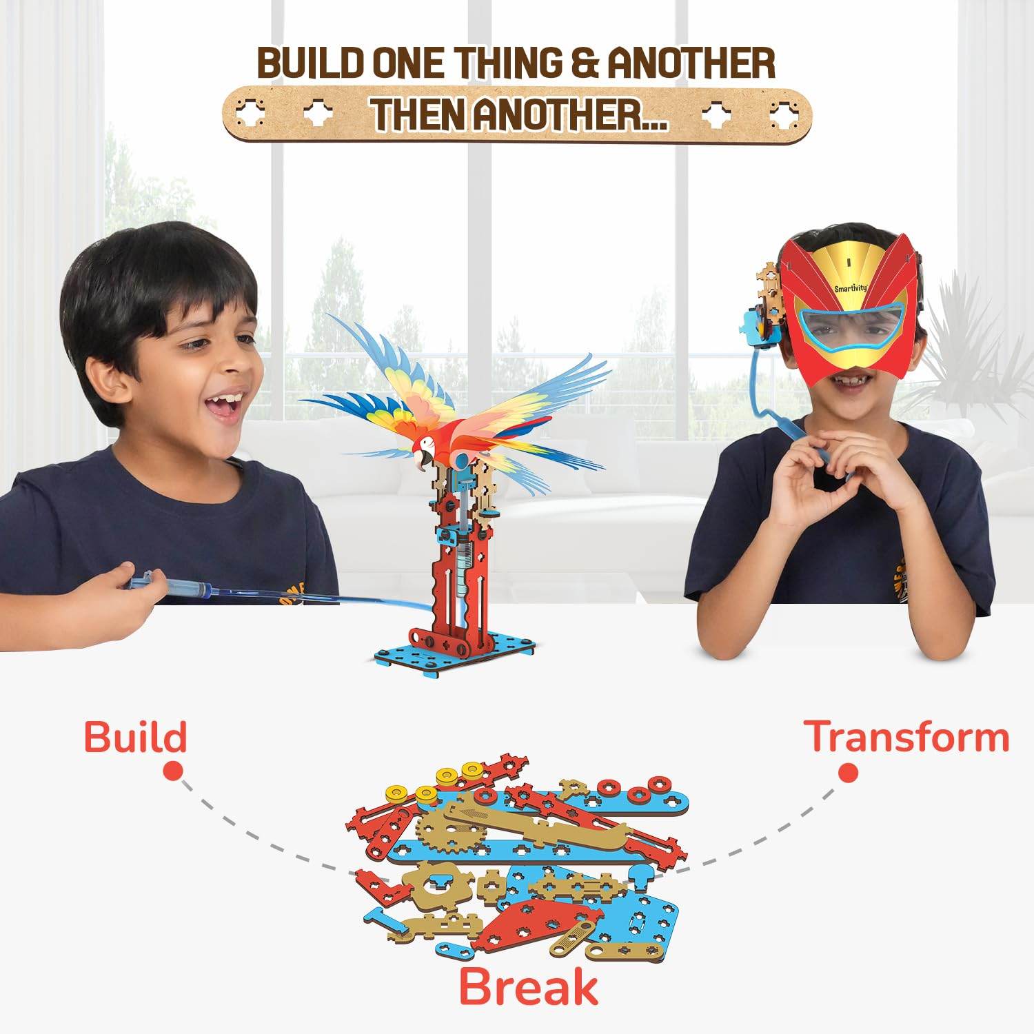 Smartivity STEM hydraulic kit for kids showing two boys building and transforming a colorful mechanical bird model indoors