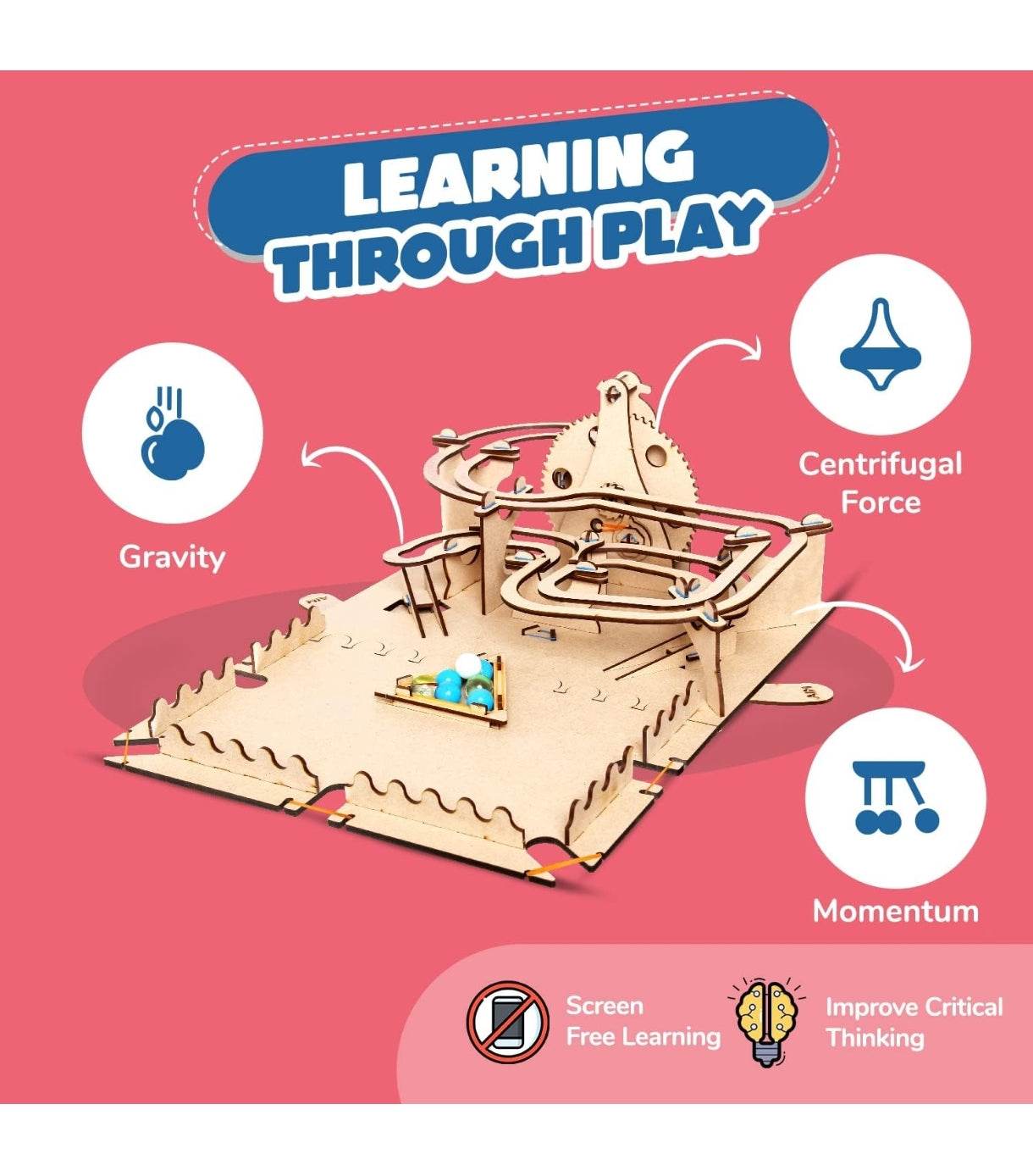 STEM marble run kit for kids made of wooden pieces demonstrating gravity centrifugal force and momentum