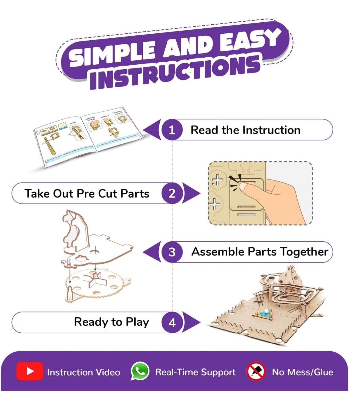 Step-by-step simple and easy instructions for STEM marble run kit for kids with parts assembly and ready to play