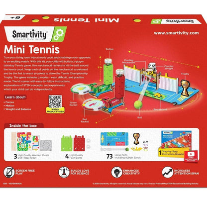 STEM tabletop tennis kit for kids by Smartivity with wooden sheets, foam parts, and step-by-step instructions