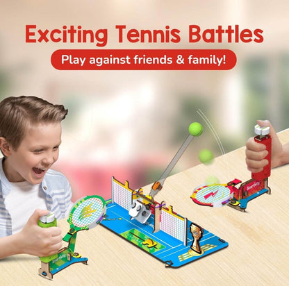Children playing with STEM tabletop tennis kit for kids featuring mini paddles and ball launcher on a table