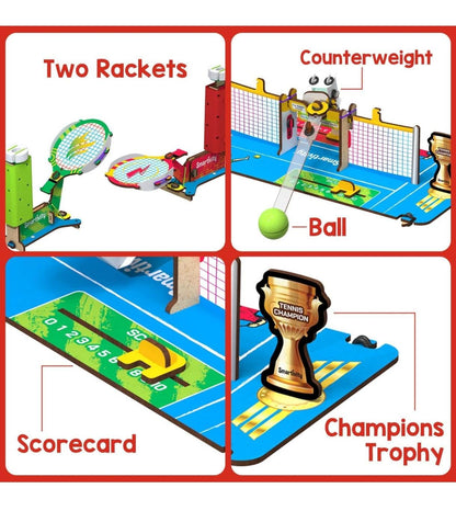 STEM tabletop tennis kit for kids featuring two rackets, ball with counterweight, scorecard, and champions trophy