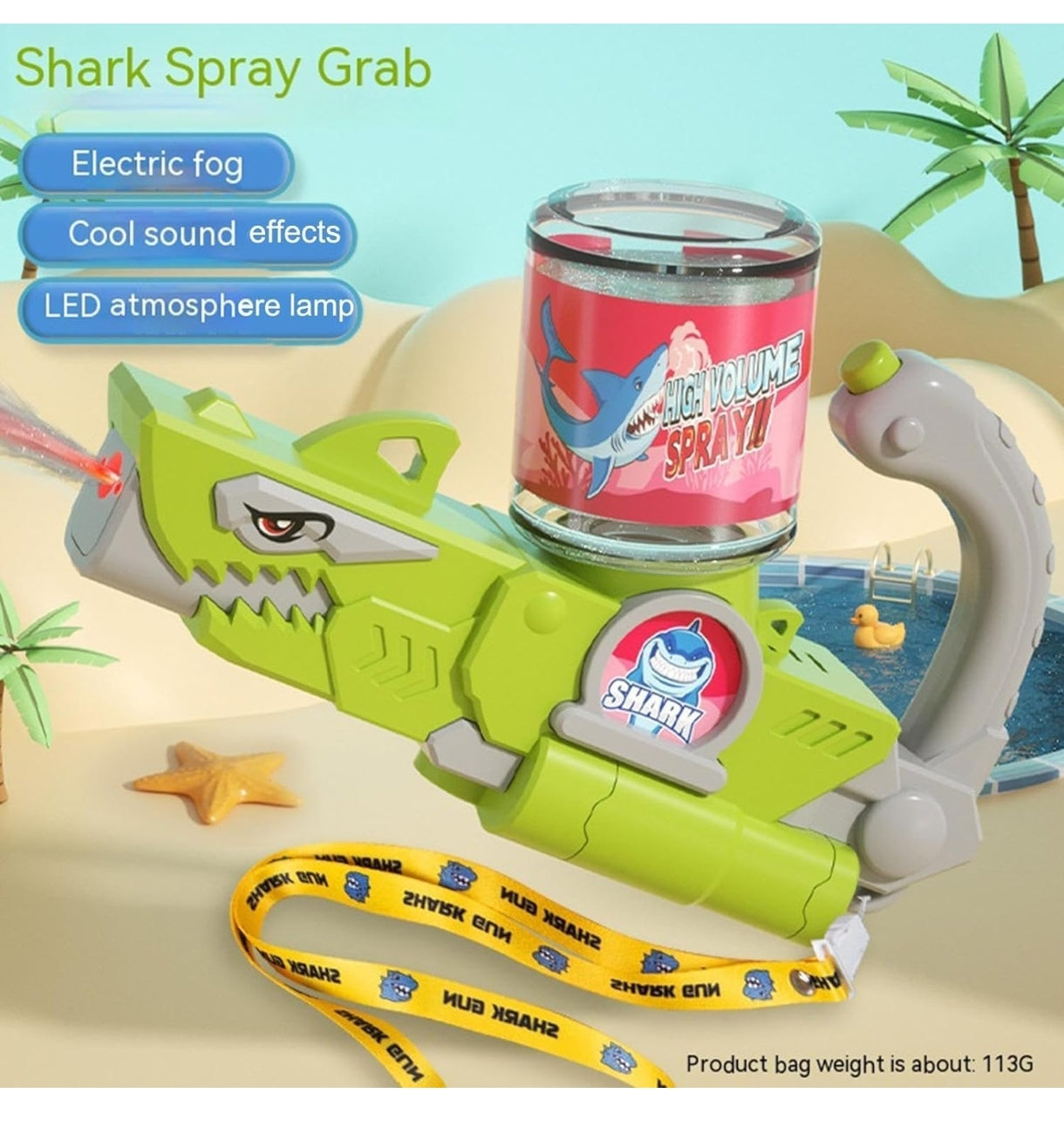 Electric green shark spray gun with sound effects, perfect for kids and water play, featuring a snake toy water option